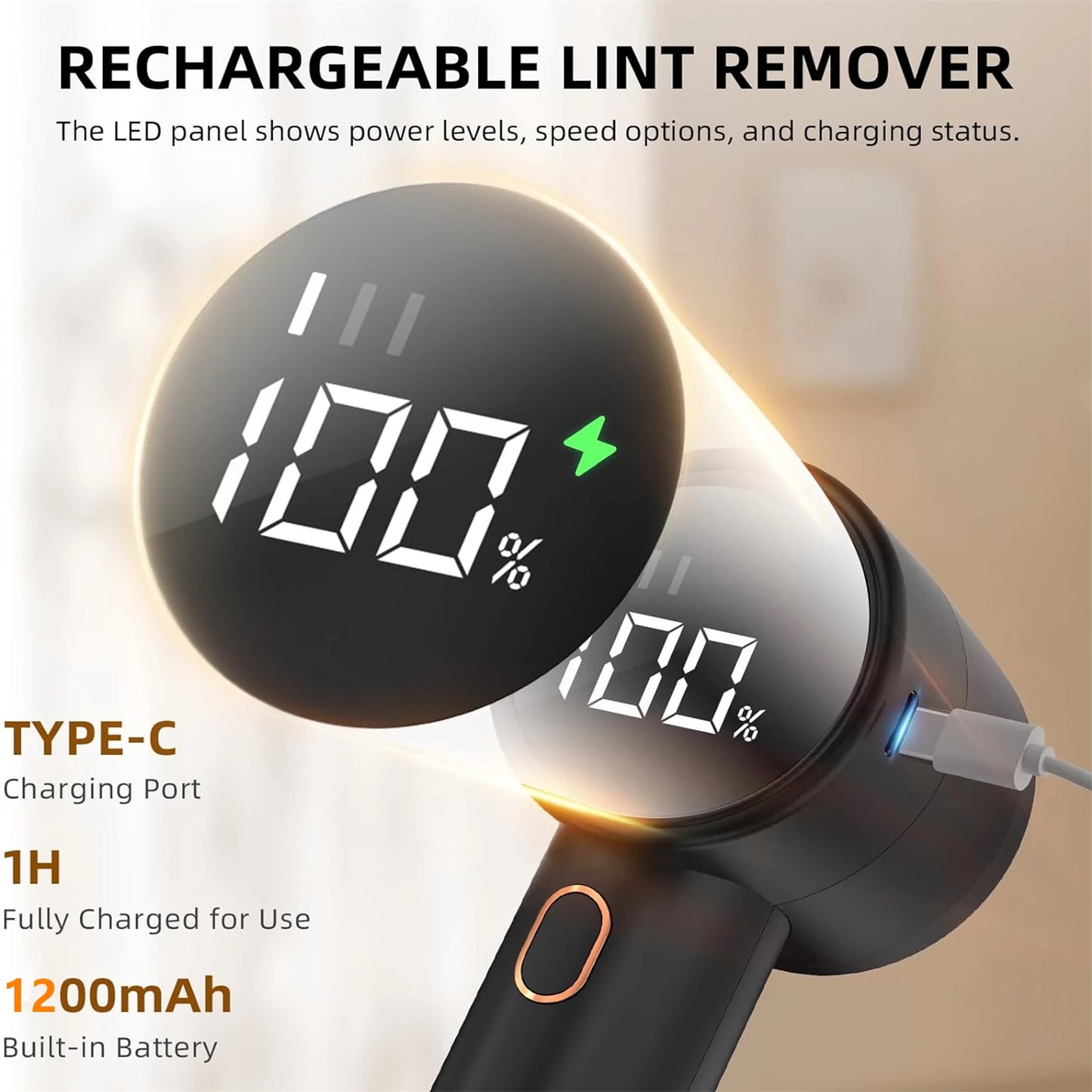Electric Rechargeable Lint Remover with LED Display – 3 Speeds, 6-Blade