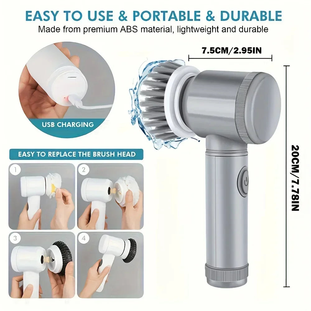 Electric Cordless Spin Scrubber with 6 Replaceable Brush Heads