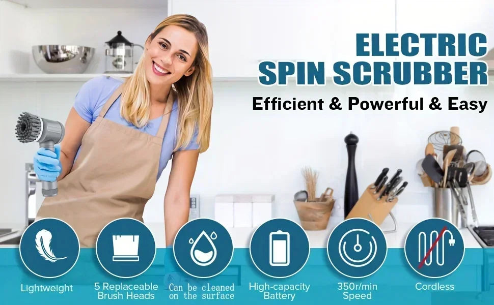 Electric Cordless Spin Scrubber with 6 Replaceable Brush Heads