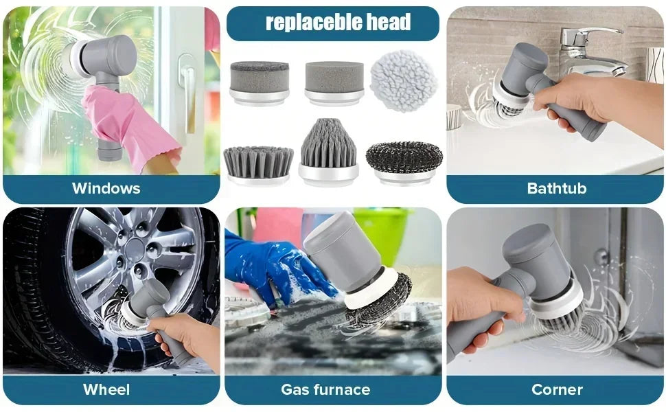 Electric Cordless Spin Scrubber with 6 Replaceable Brush Heads