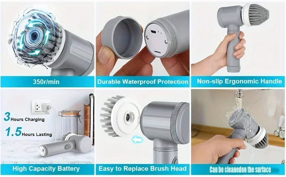 Electric Cordless Spin Scrubber with 6 Replaceable Brush Heads